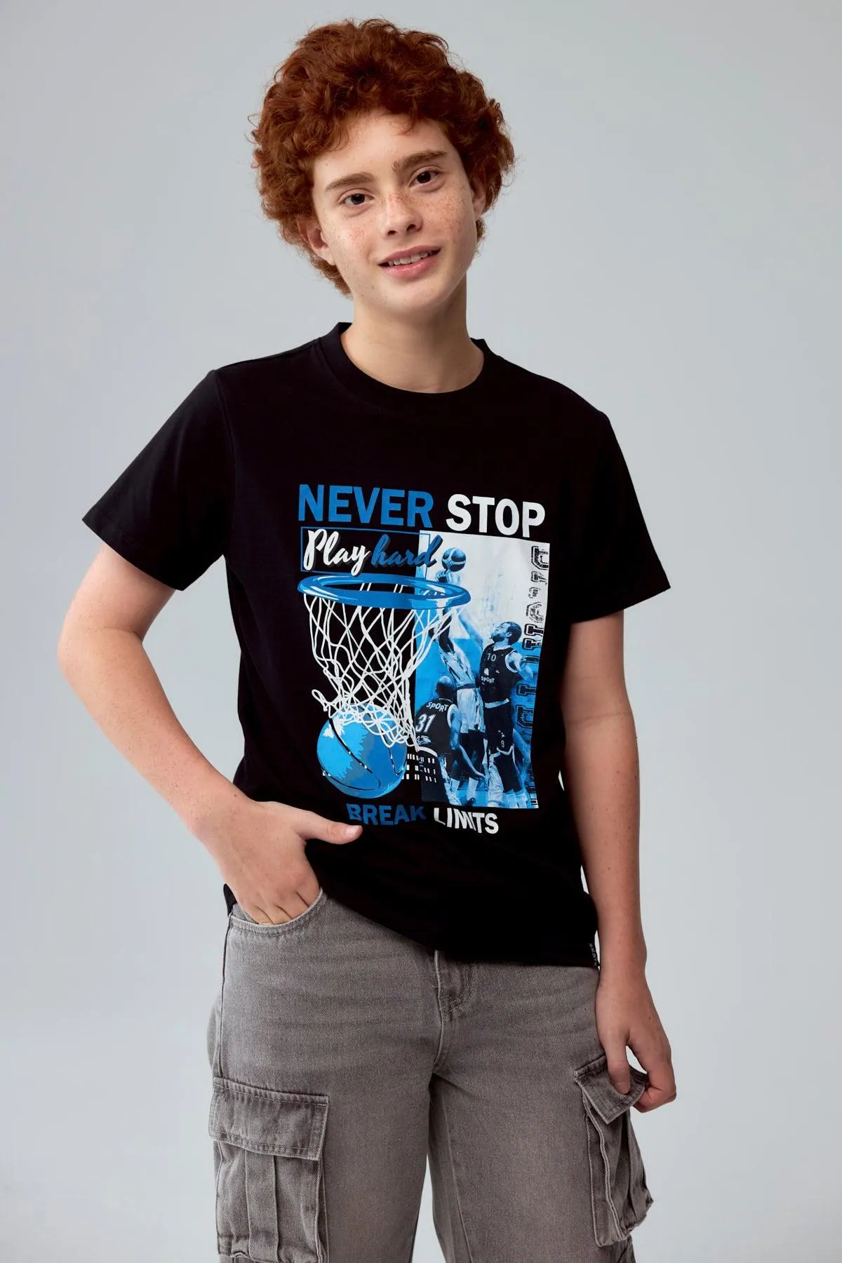 Polera Niño Básica Estampada Negro