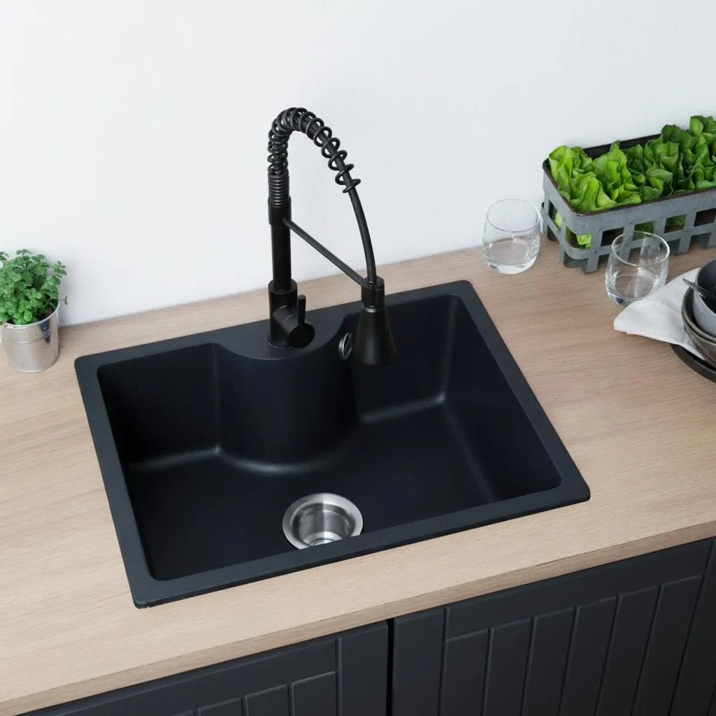 Kit Lavaplatos Tunez Sobre Cubierta Granito Negro + Grifería Top pro 3 funciones Negra