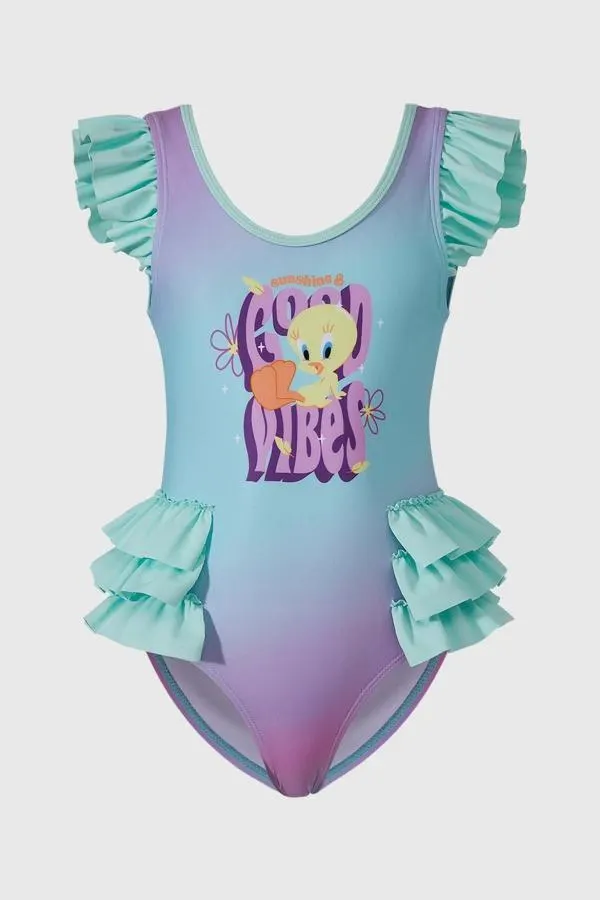 Traje de baÑo niÑa looney tunes celeste