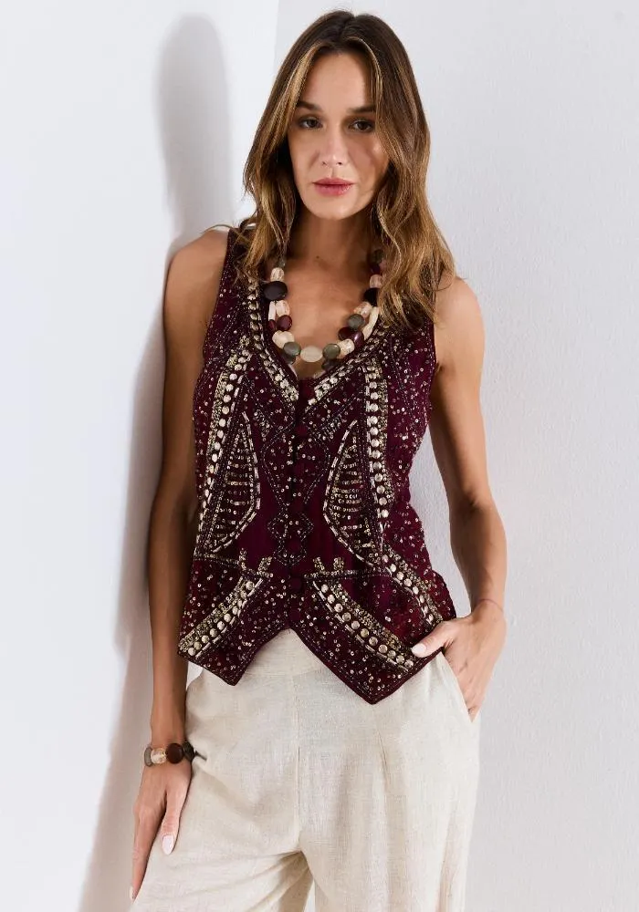 Blusa Tipo Gillet Bordado Con Lentejuelas, Botones Forrados