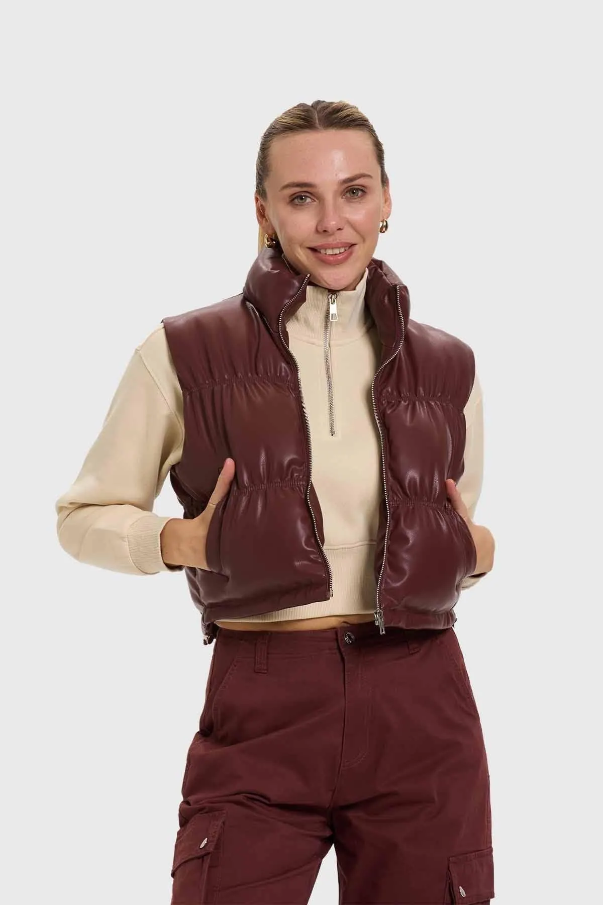 Parka Mujer Efecto Cuero Café