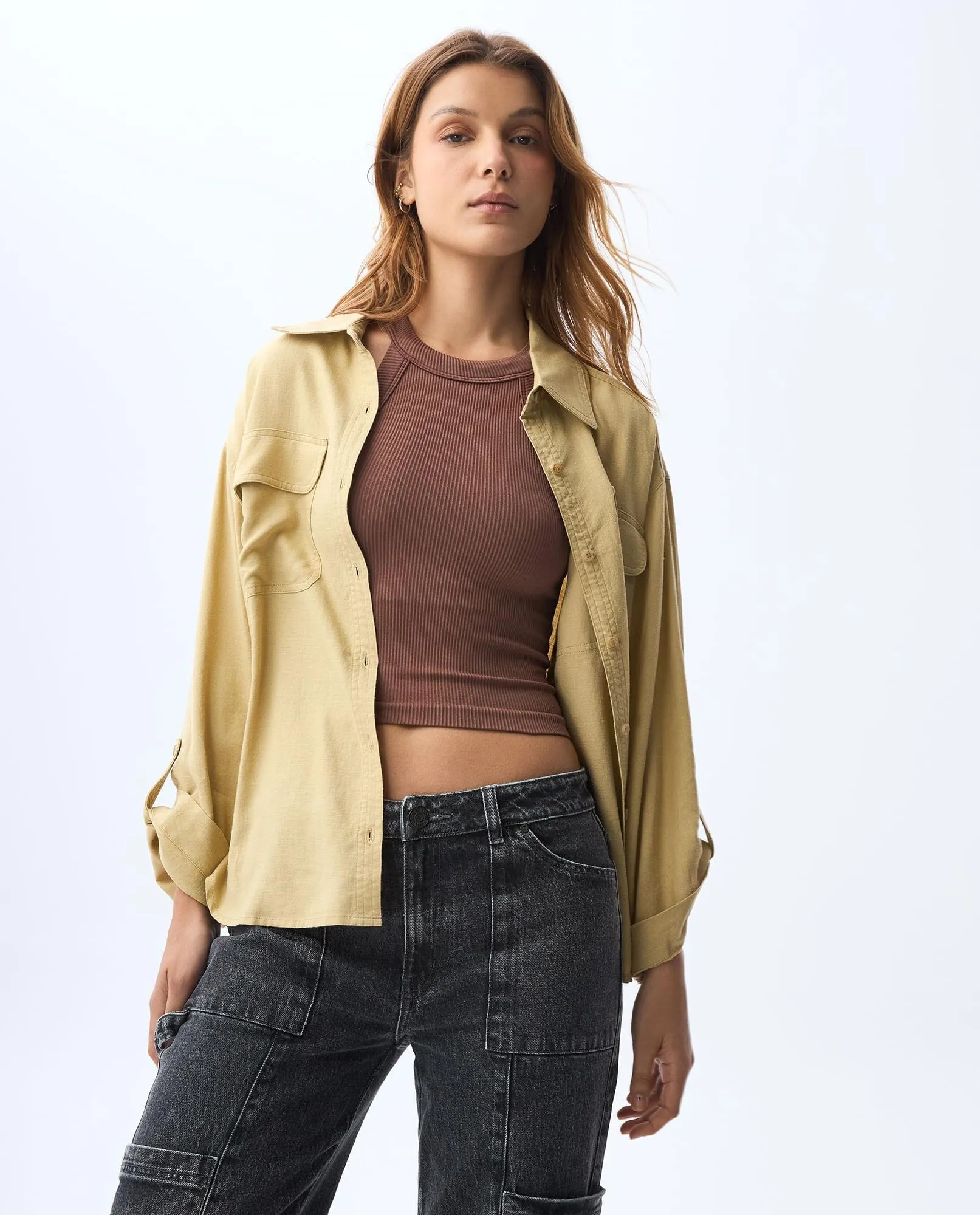 Camisa manga larga en mezcla de lino para mujer