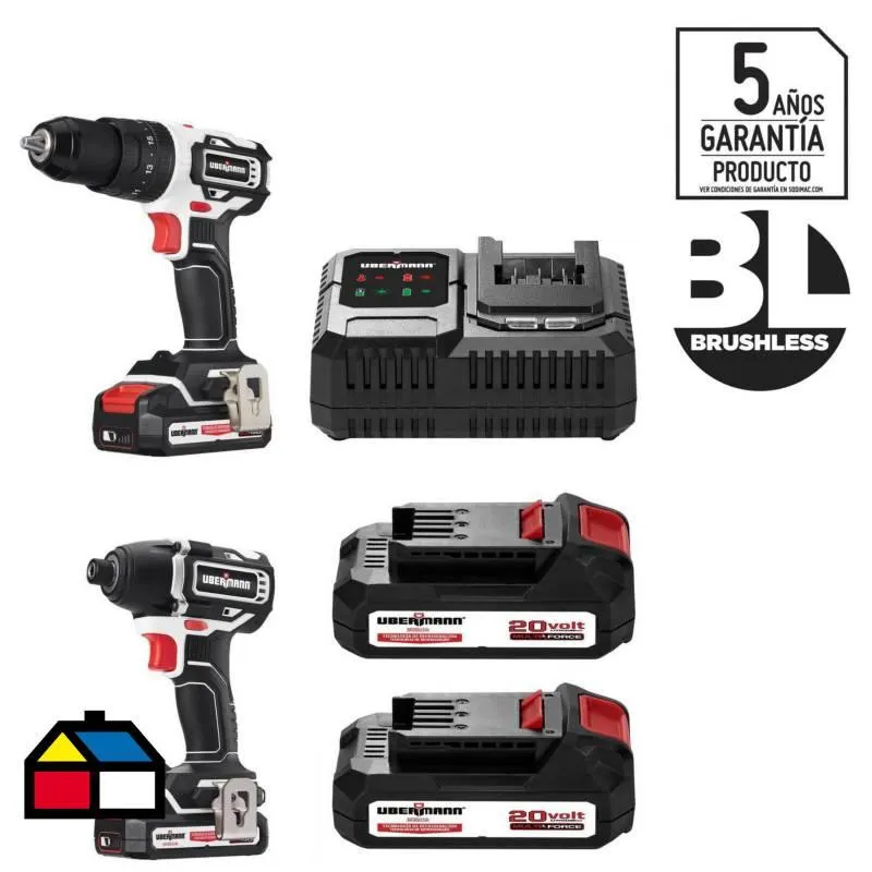 Kit Taladro atornillador + percutor inalámbrico 13mm 20V + 2 baterías