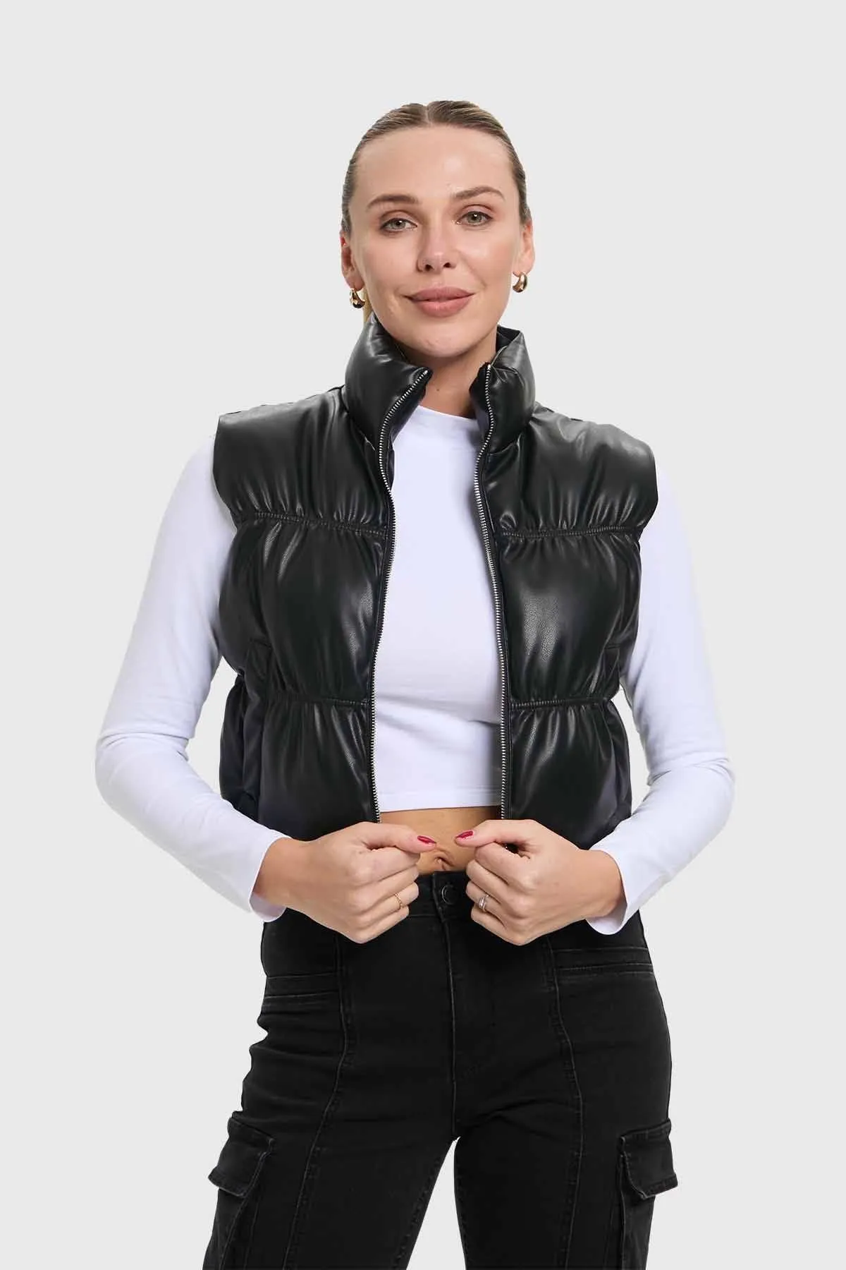 Parka Mujer Efecto Cuero Negro