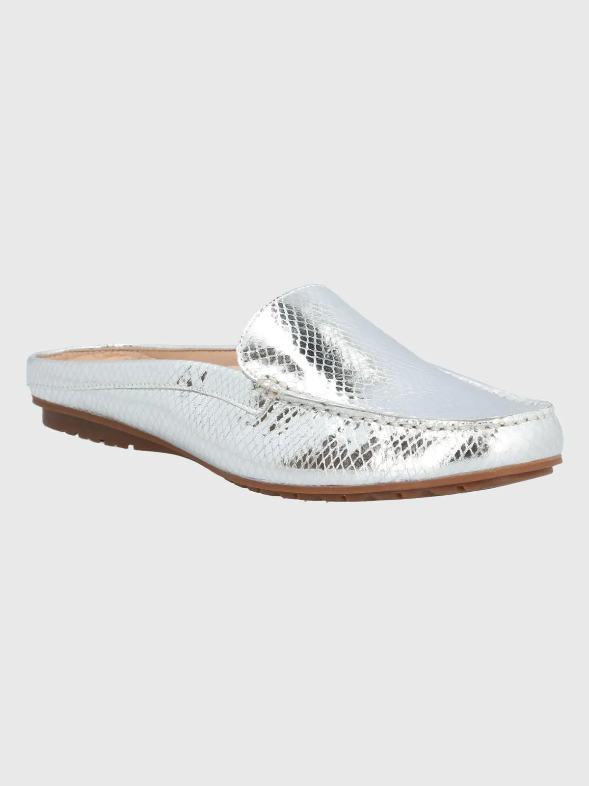 Mocasin Cuero Mujer Metalizado Cabris Gris
