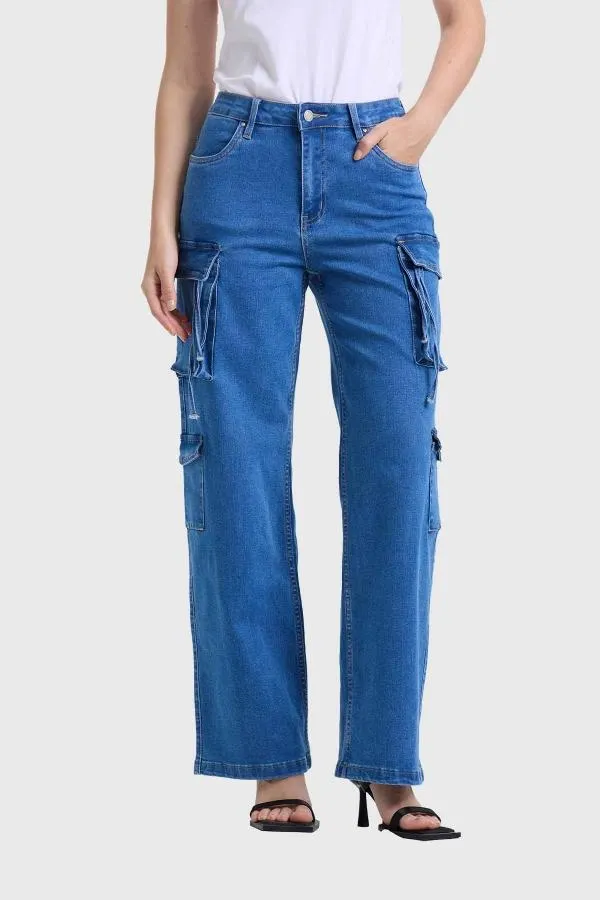 Jeans mujer recto cargo azul claro i