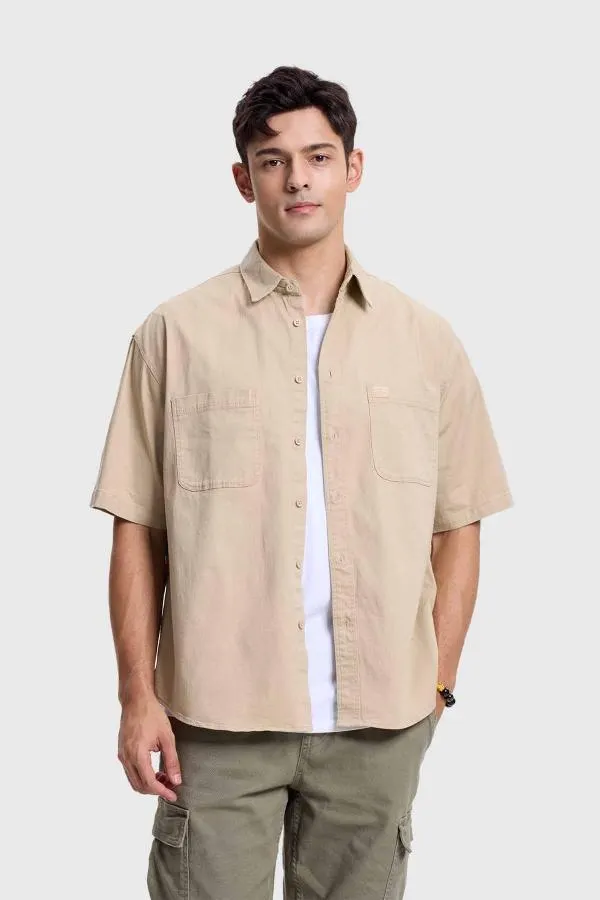 Camisa hombre denim bolsillo color kaki claro