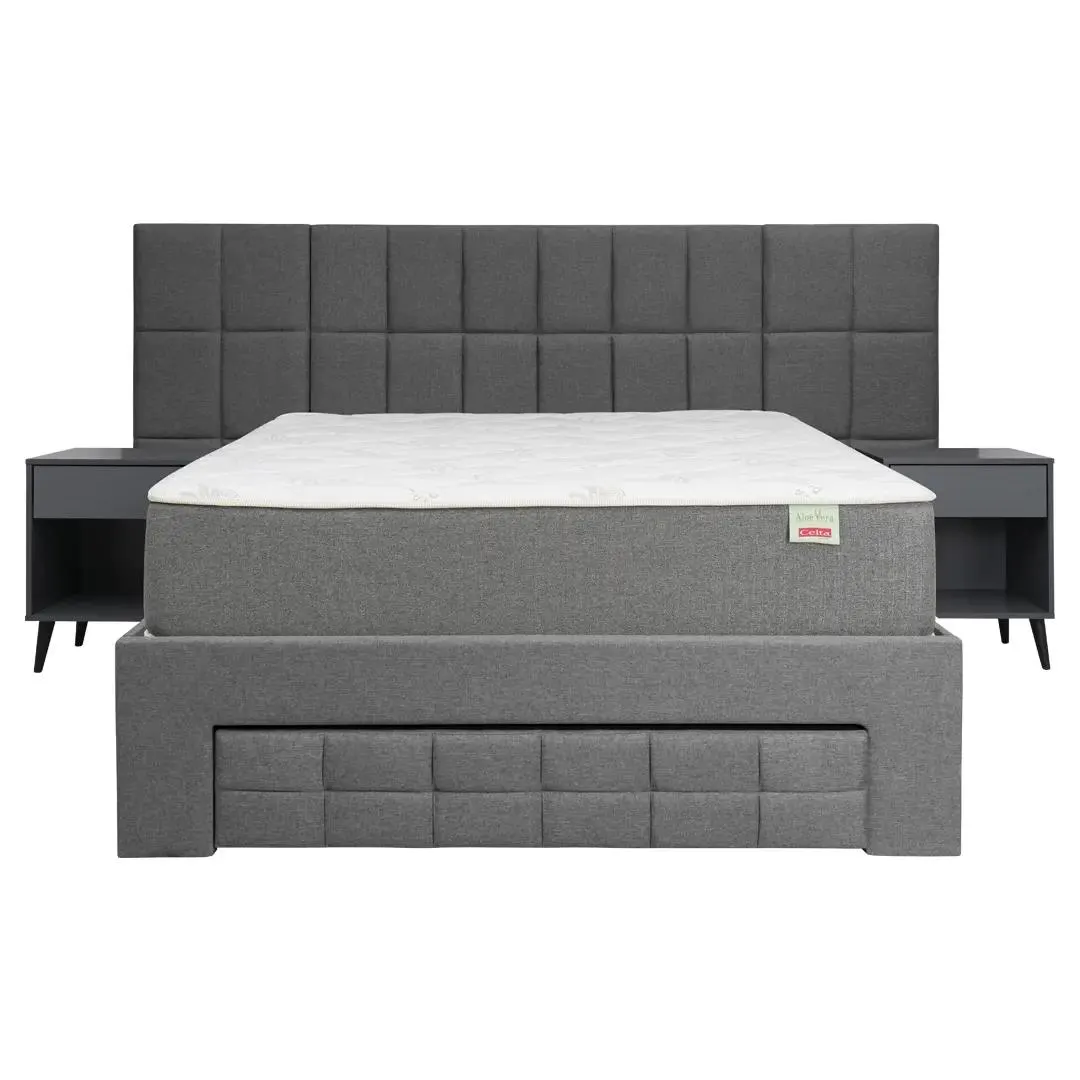 Cama Funcional Noah 2 plazas + Veladores Ivo Gray + Colchon Aloe Vera