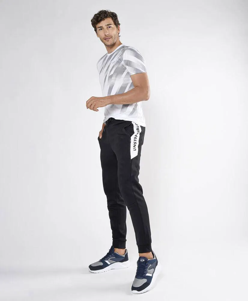 Pantalón de buzo hombre franja texto lateral slim fit