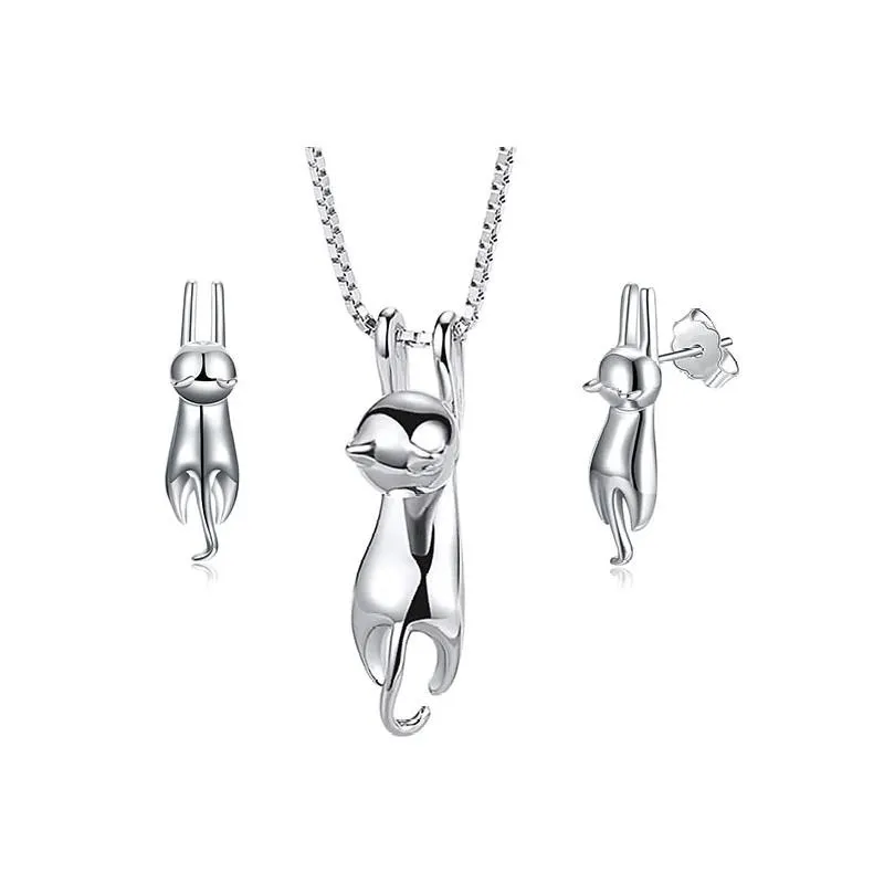 Conjunto Collar y Aros Gatitos Colgantes Plateado