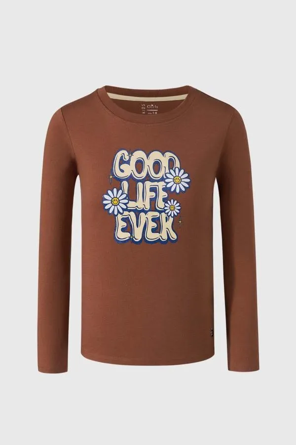 Polera niÑa bÁsica print posicional cafe