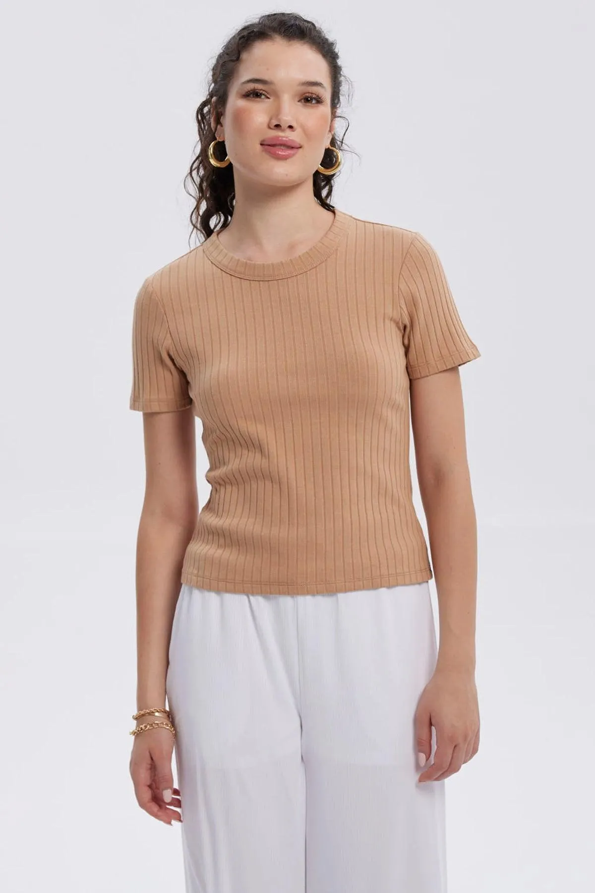 Polera Mujer Rib Crop Lisa Camel
