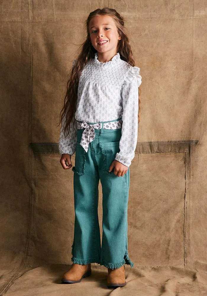 Jeans Desflecado Con Cinturón Estampado Verde Abierto 3 4A