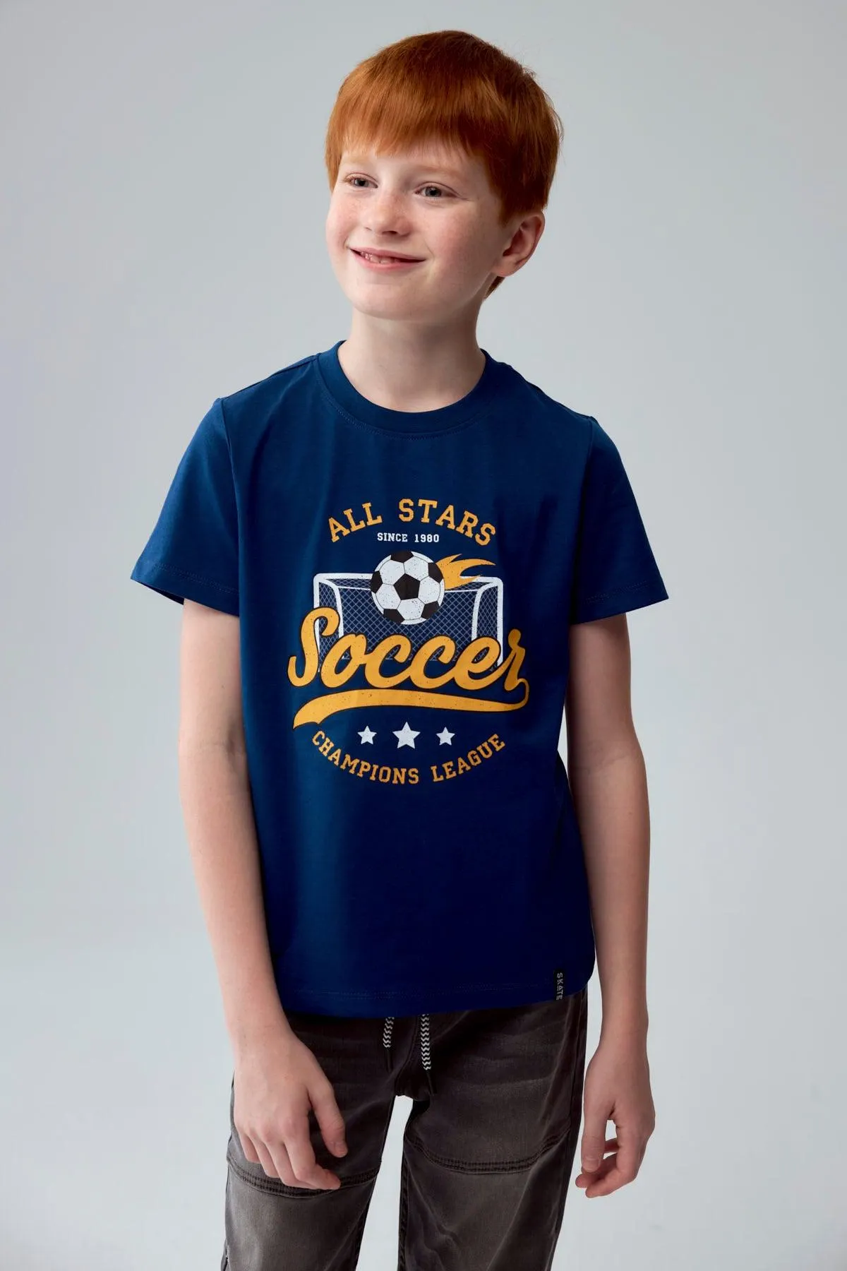 Polera Niño Básica Estampada Azul Petroleo