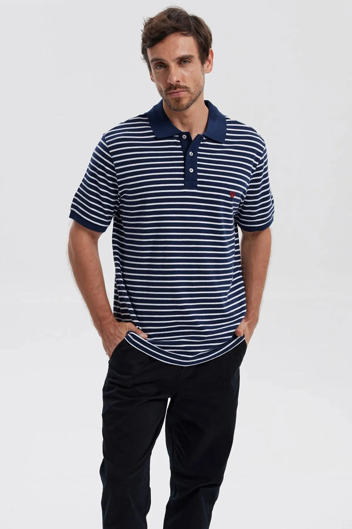 Polera Hombre Mini Rayas Azul Marino