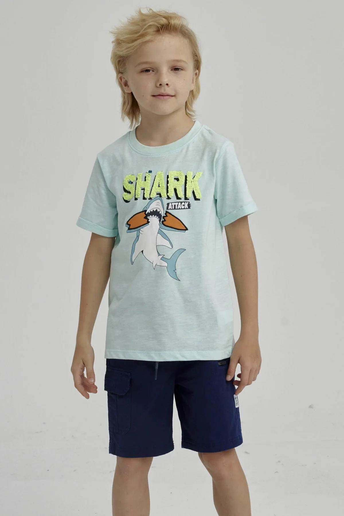 Polera Niño Print Lentejuelas Aqua