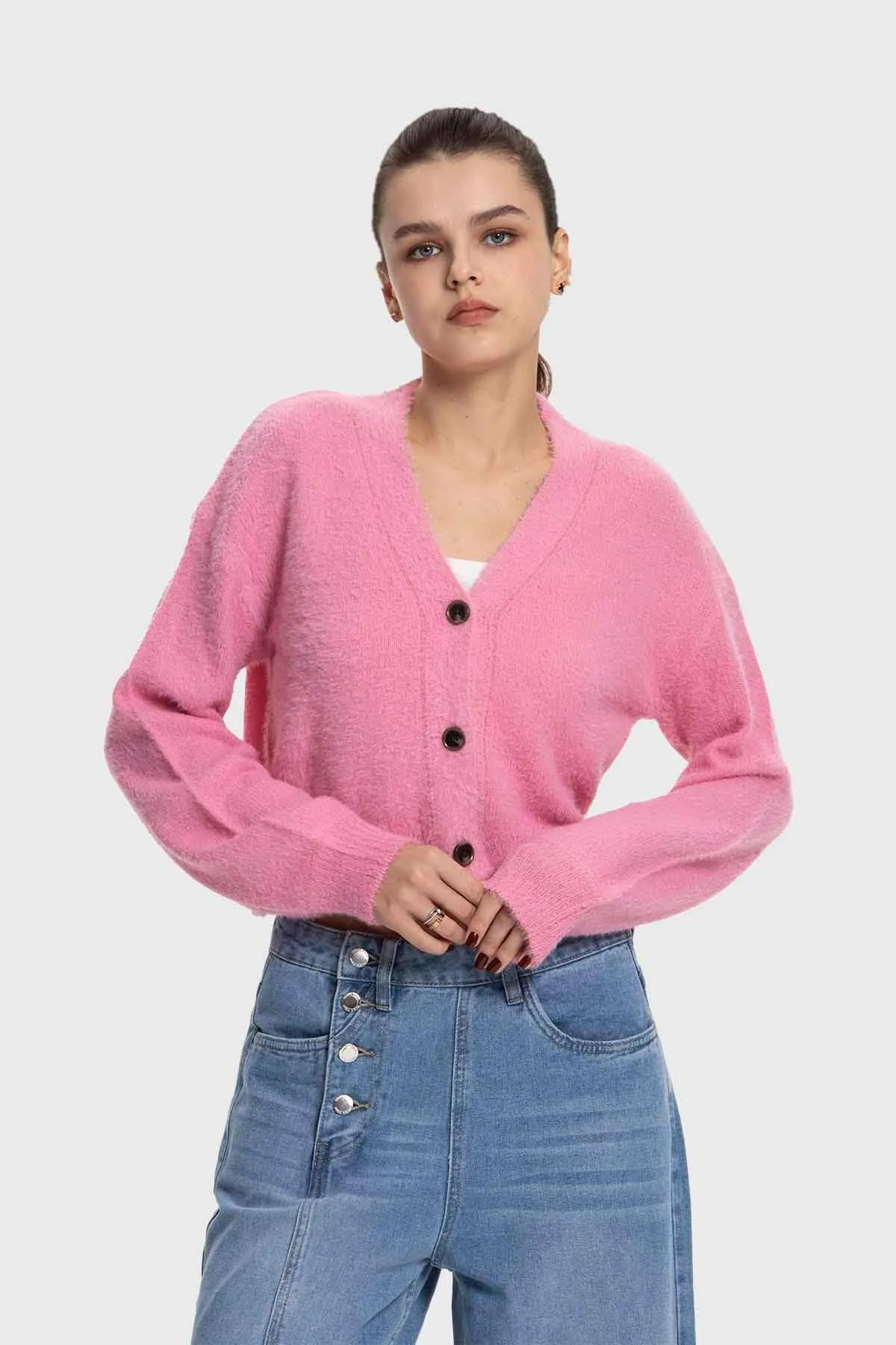 Sweater Mujer Cuello V Abierto Rosado