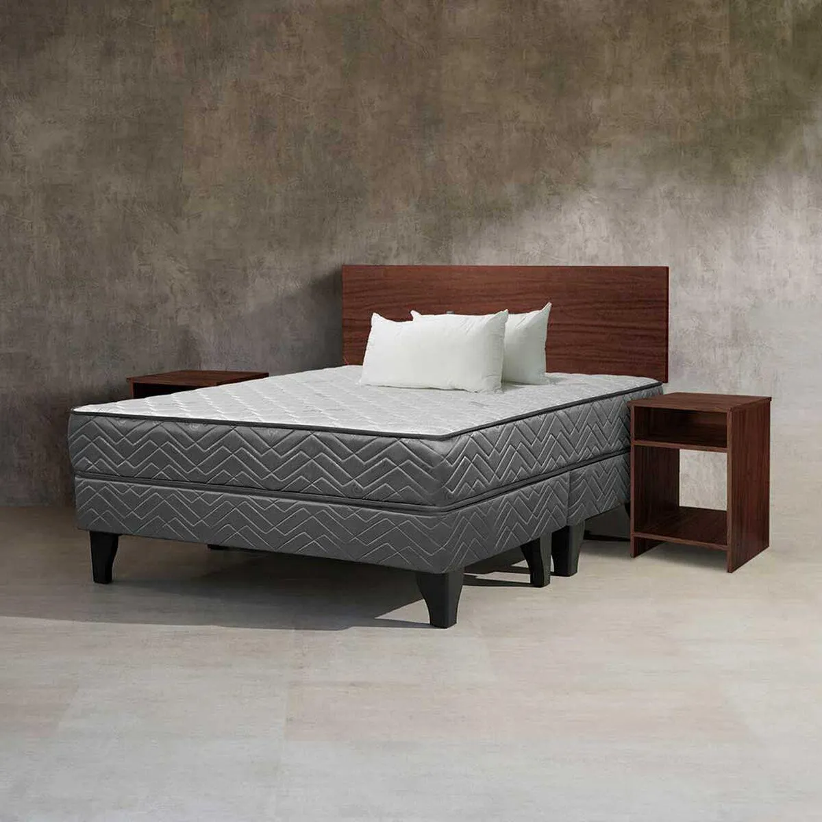 Combo Cama Europea Celta Base Dividida 2 Plazas Atlantis Black + Set Maderas Casanova Nogal + Pack Almohadas Celta Imperial Soft