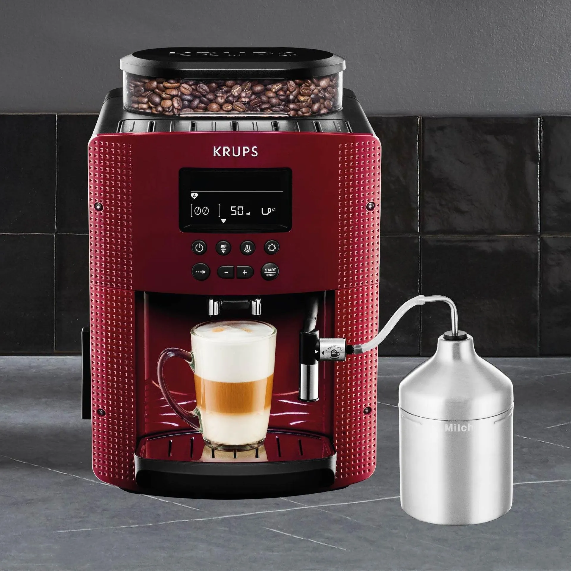 Cafetera Espresso Full Auto Display Roja + Lechero Krups