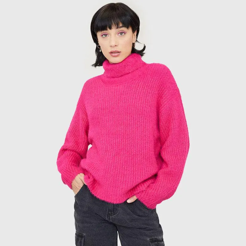Sweater Mujer Crop Peludo Manga Globo Cuello Alto Fucsia