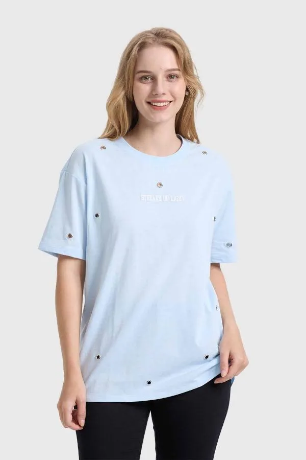 Polera mujer ojetillos celeste claro