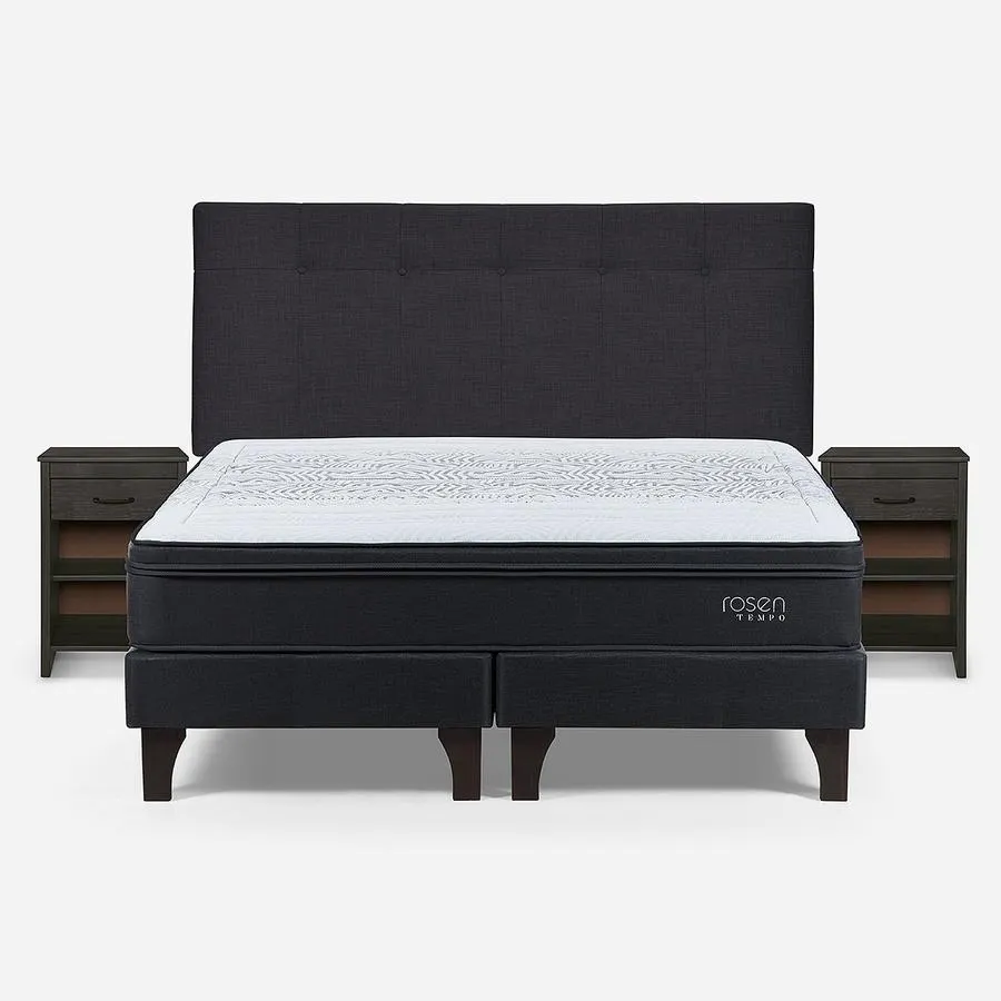 Box Spring Tempo 2 Plazas + Respaldo New Bennet y Velador Maurice