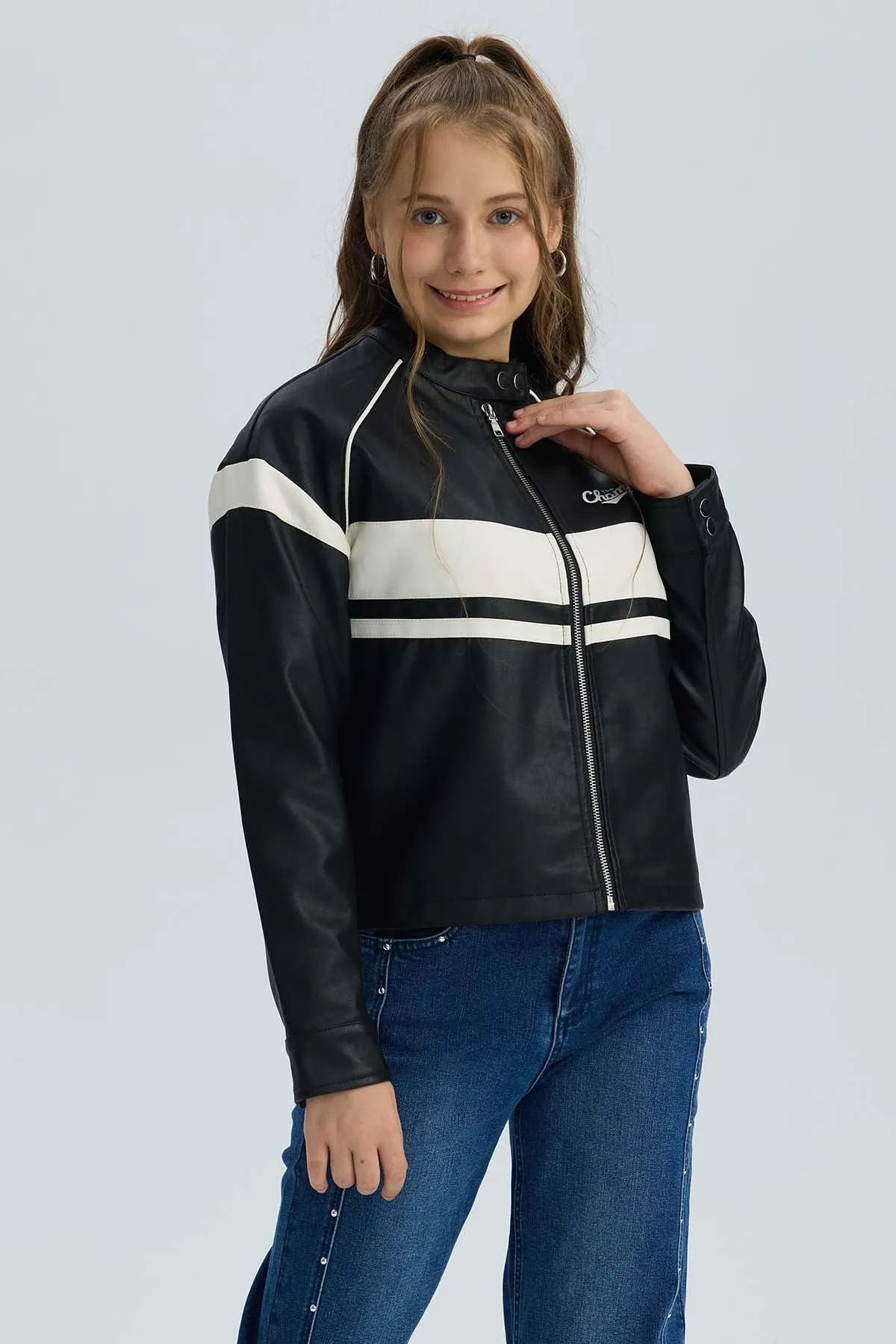 Chaqueta Niña Efecto Cuero Negro