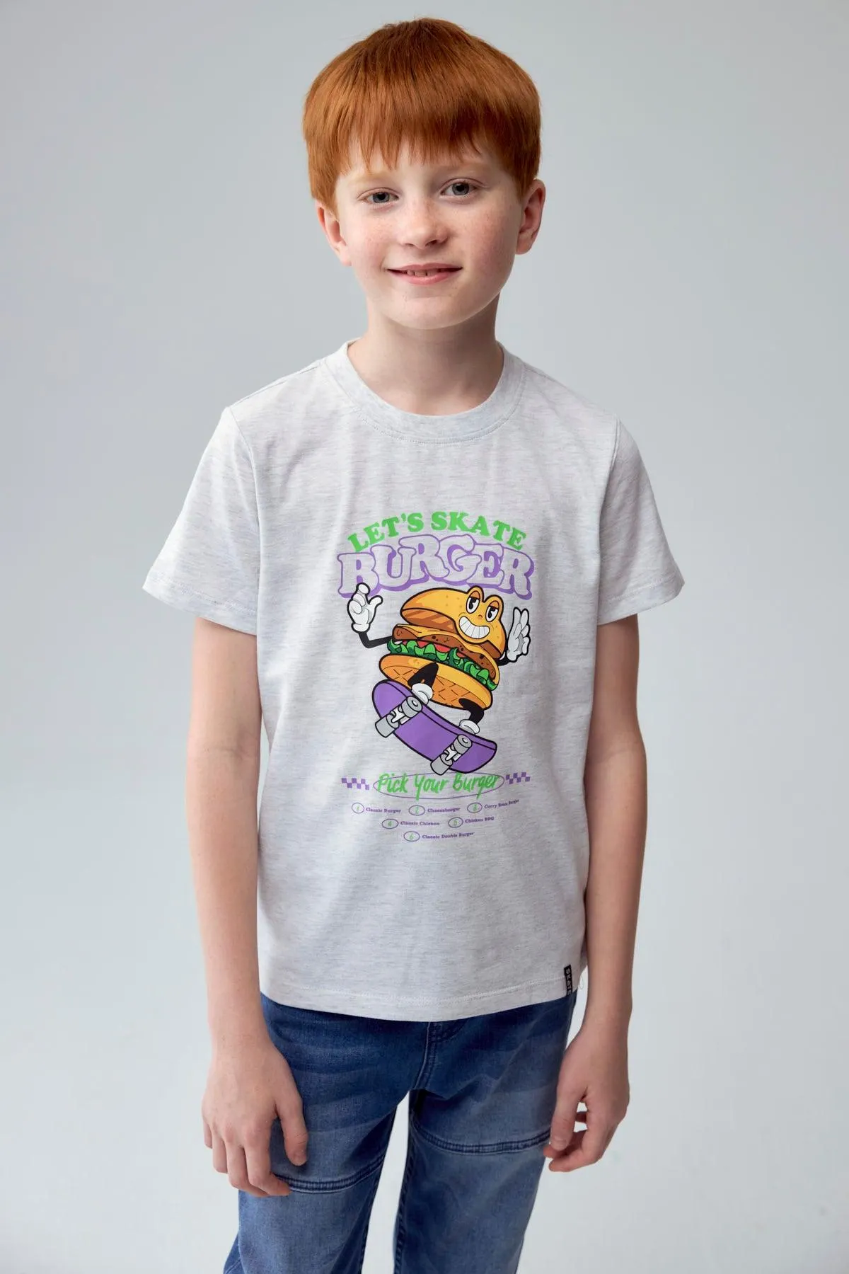 Polera Niño Básica Estampada Gris Melange Claro