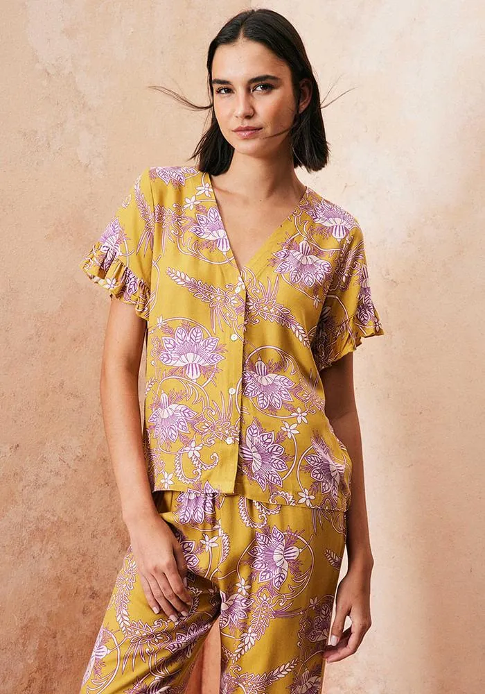 Pijama Manga Corta Con Vuelos En Top Y Pantalon