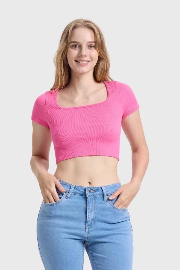 Polera mujer escote cuadrado rosado