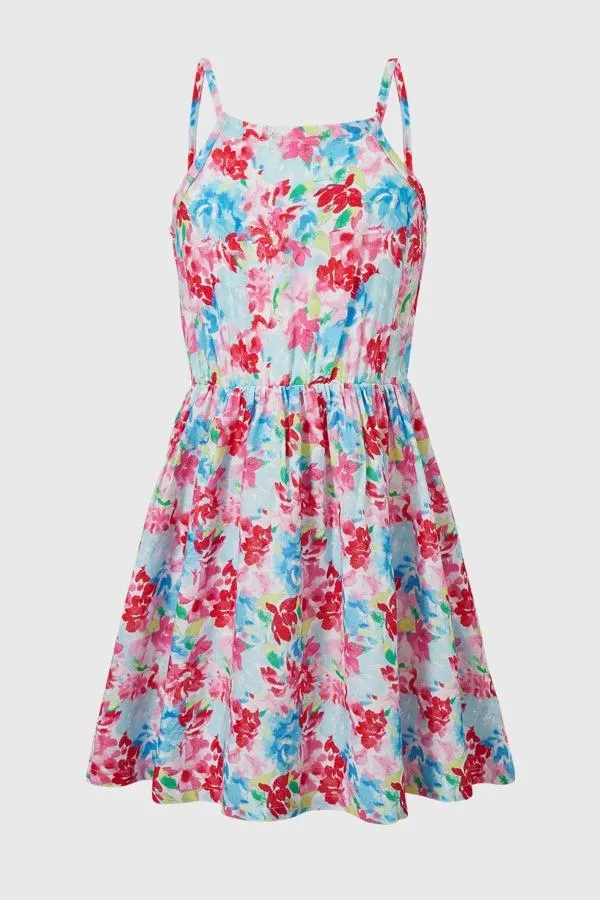 Vestido niÑa lino full print celeste