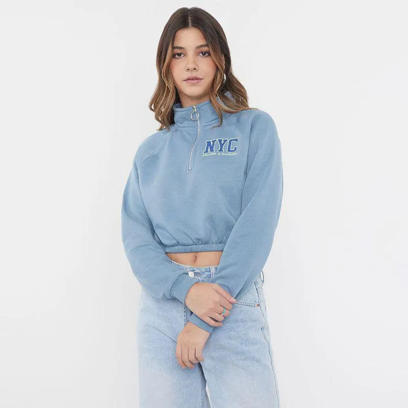 Polerón Mujer Half Zipper Celeste NYC