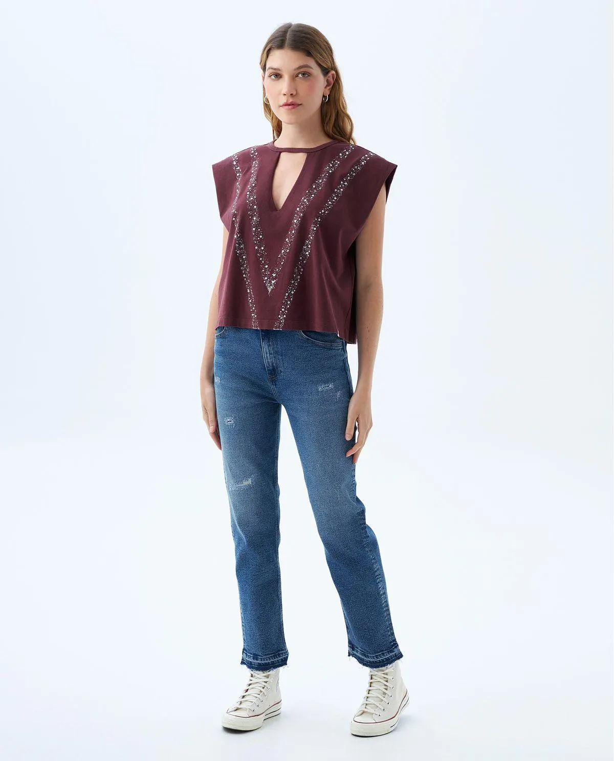 Camiseta con bordado de lentejuelas para mujer