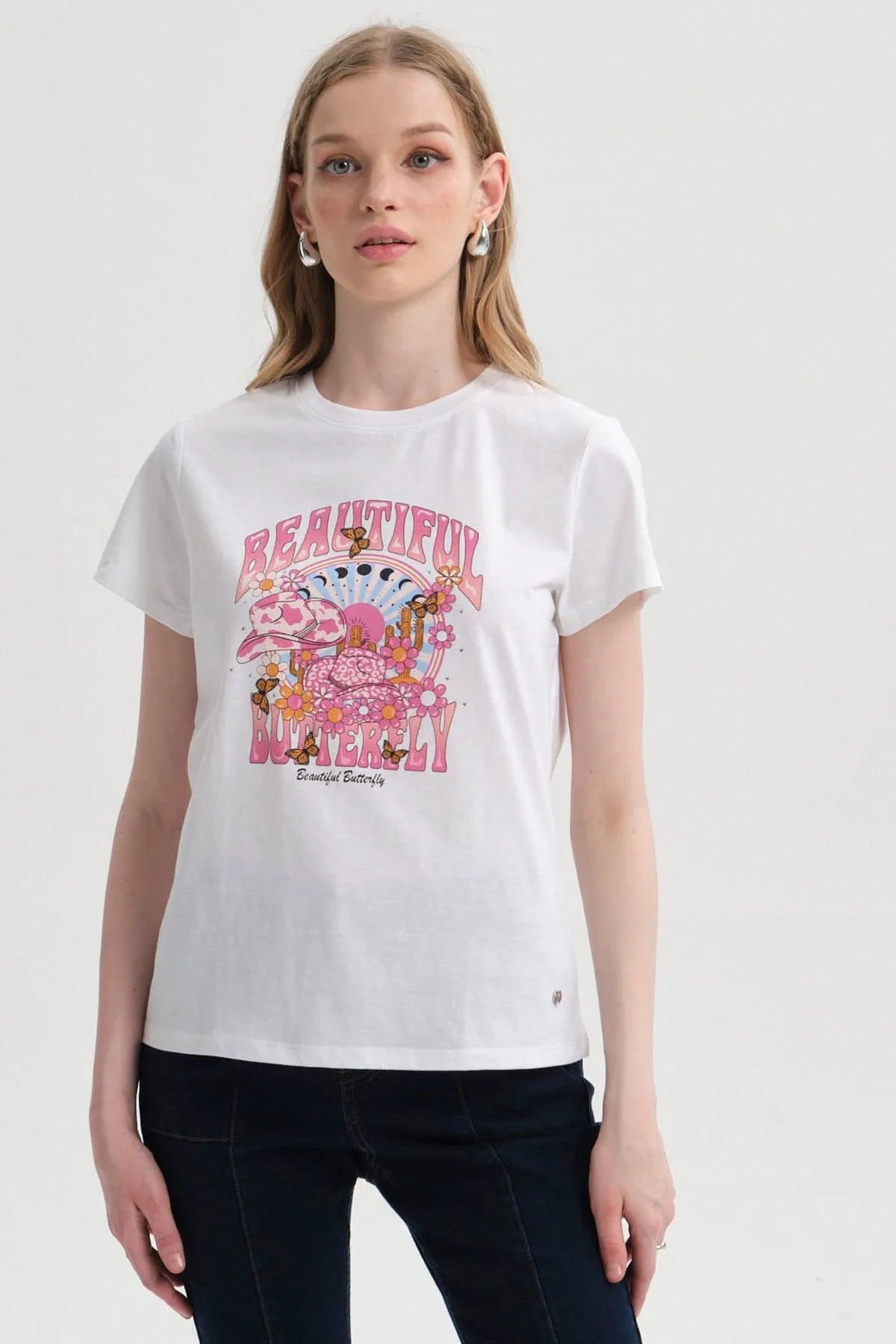 Polera Mujer Básica Print Blanco / Rosado