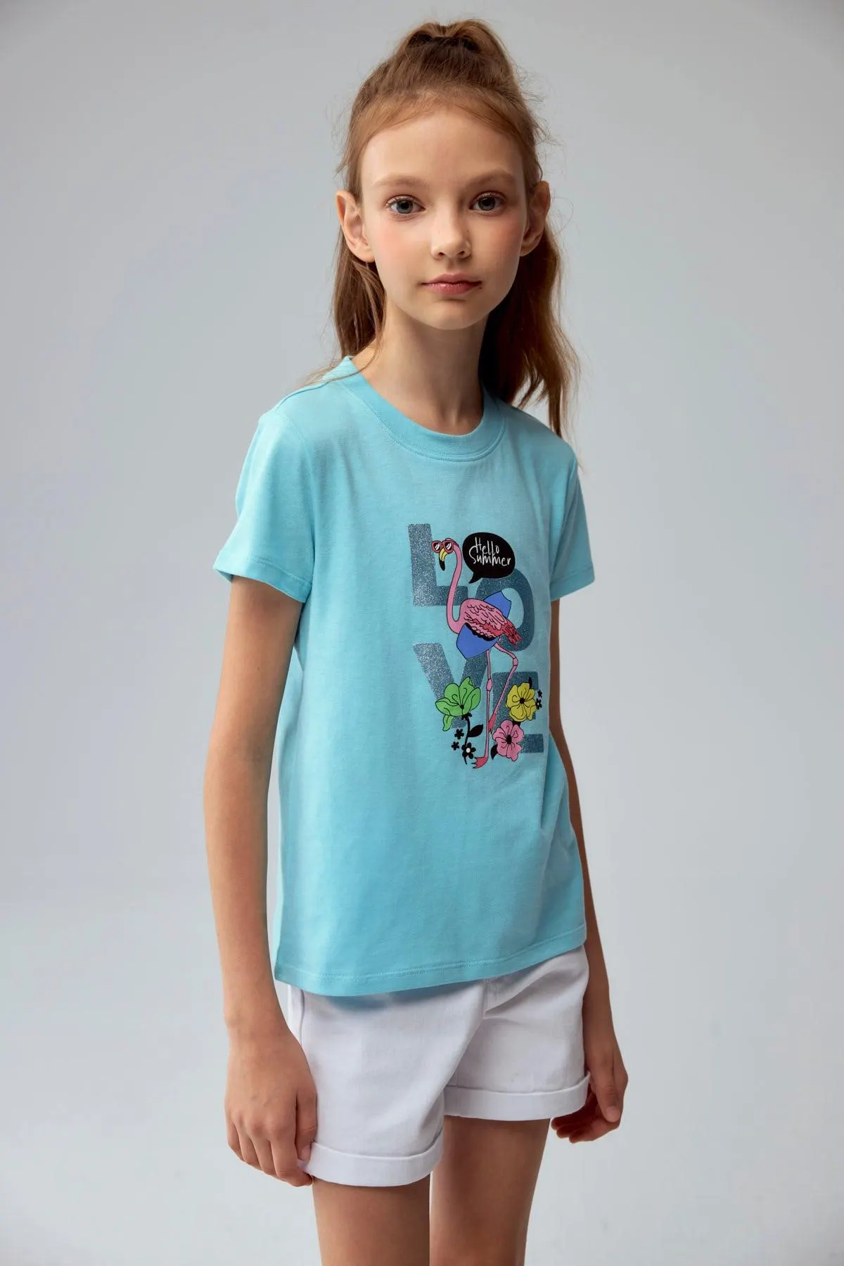 Polera Niña Básica Estampada Celeste