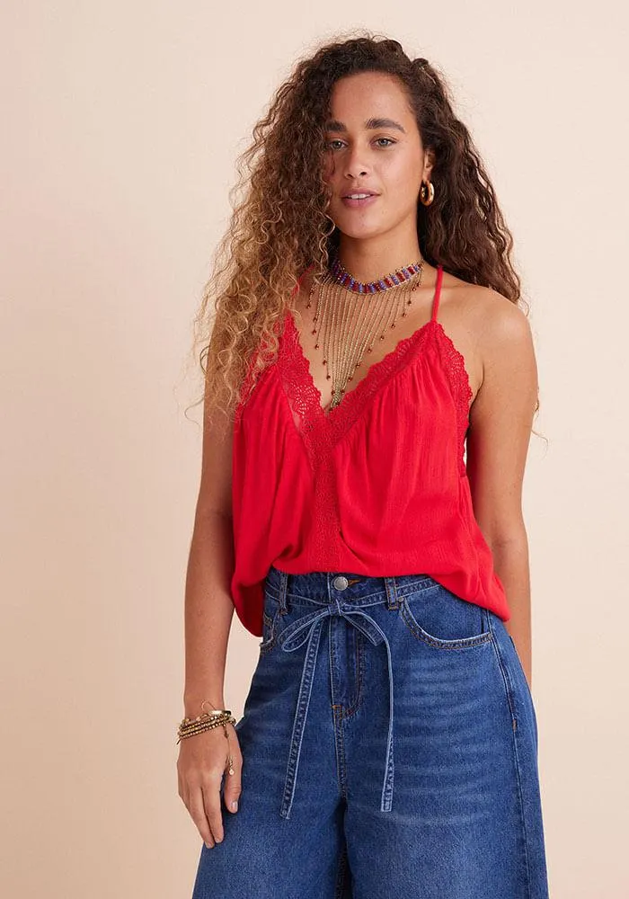 Polera Aplicacion De Encaje Al Tono En Bordes XS Rojo