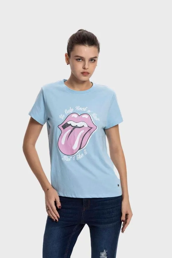 Polera mujer bÁsica print celeste