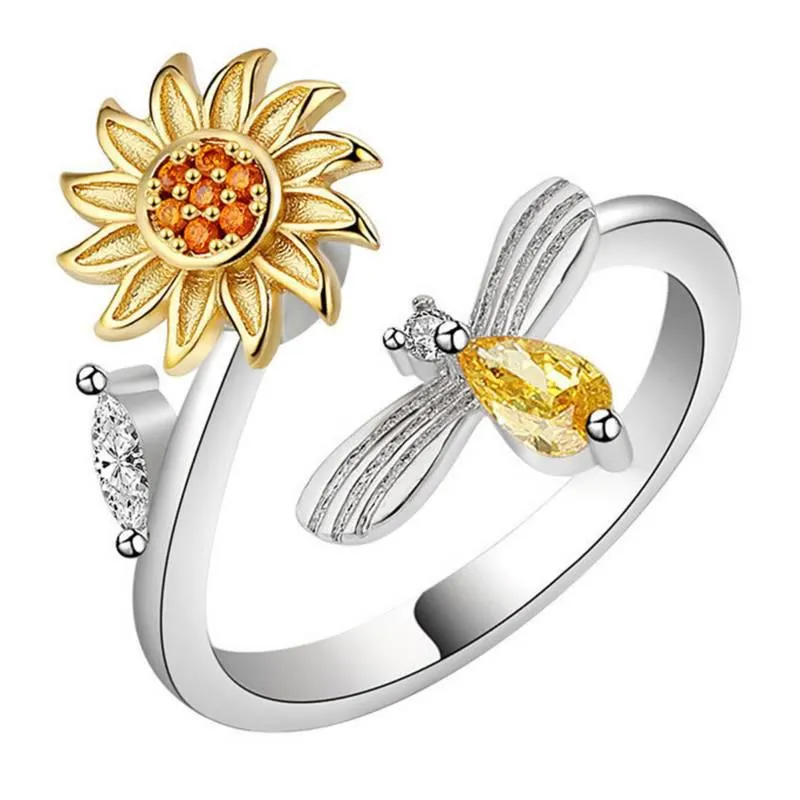 Anillo Flor Girasol Giratorio Plata 925 Antiestres Circonio