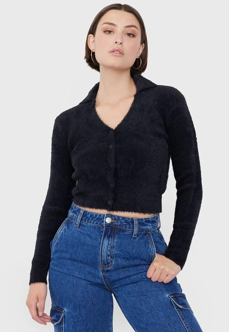 Sweater Mujer Cuello Polo Botones Negro