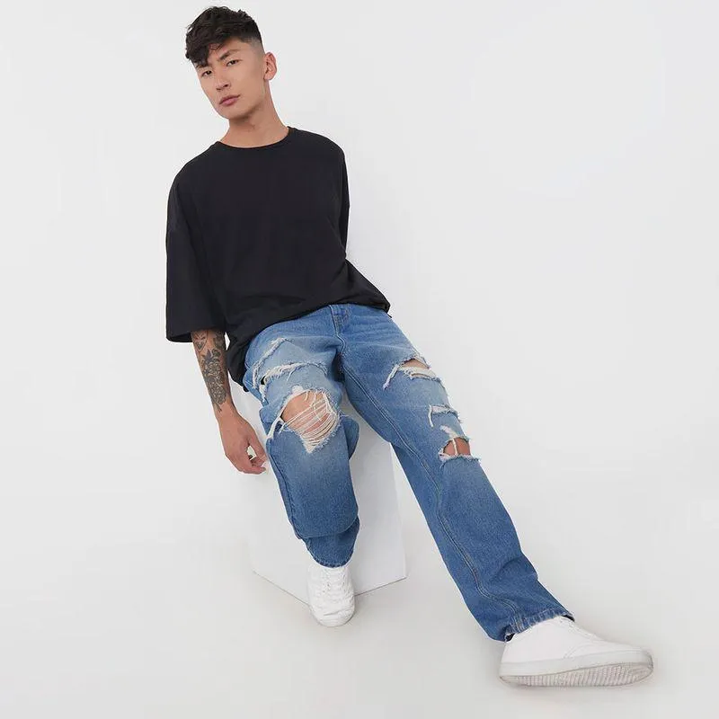 Jeans Hombre Relaxed Fit Roturas Azul