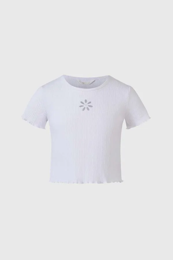 Polera niÑa rib con flor bordada blanco