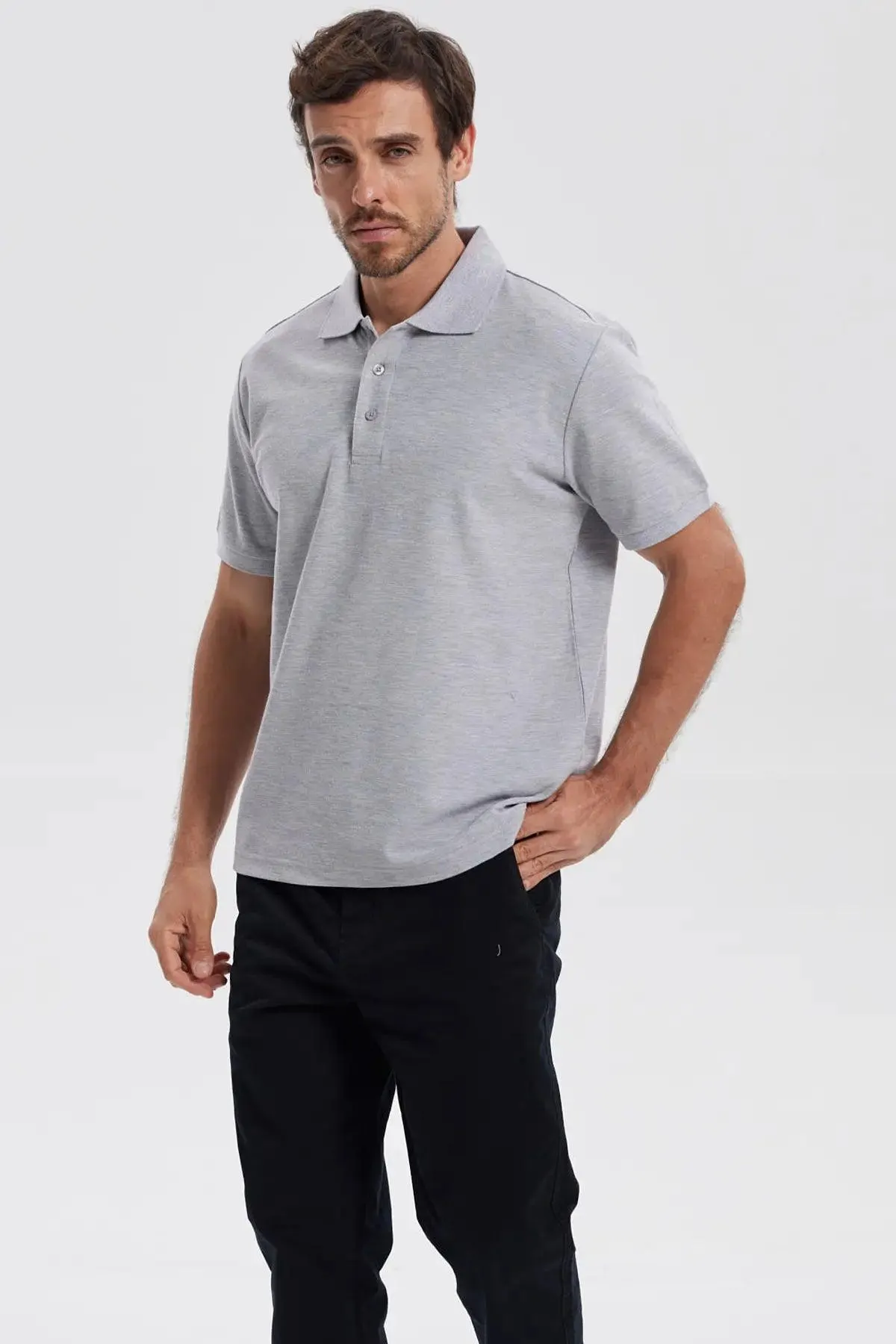 Polera Hombre Pique Básica Lisa Gris Melange