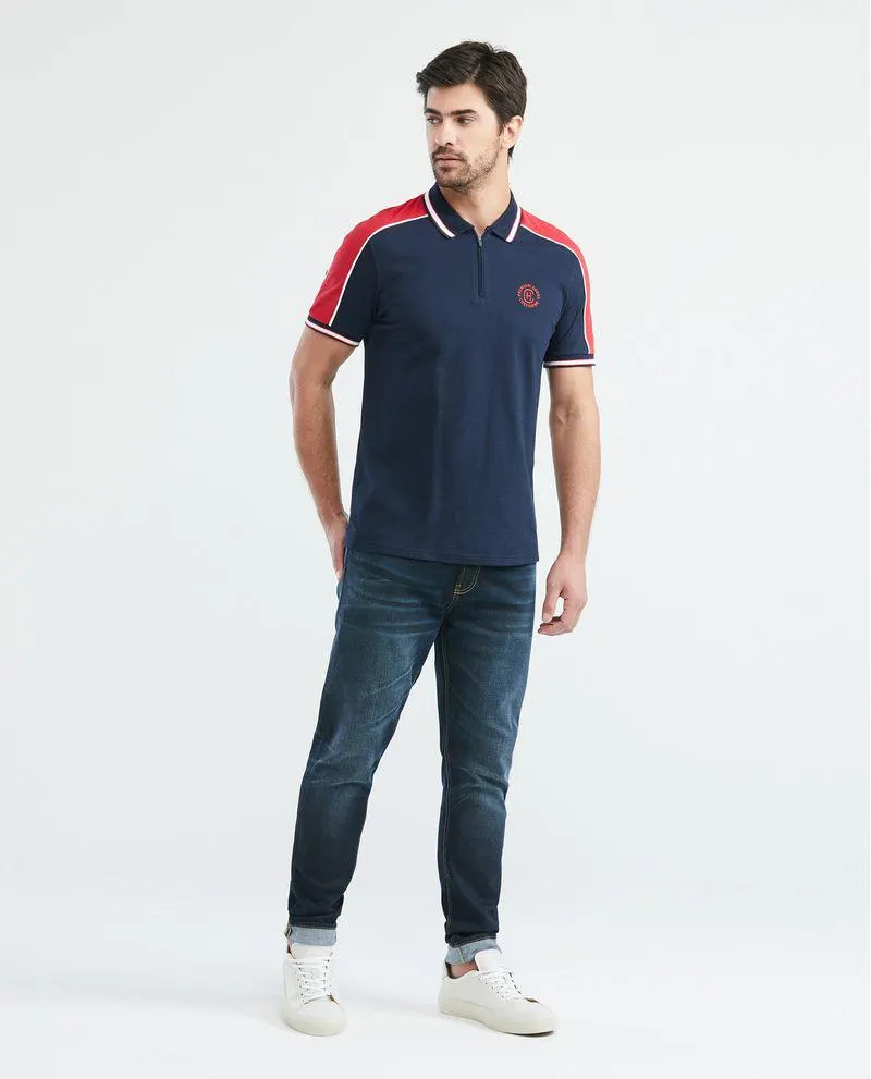 Camiseta de Hombre Tipo Polo, Slim Fit Manga Corta - Perilla de Cierre + Bloques de Color