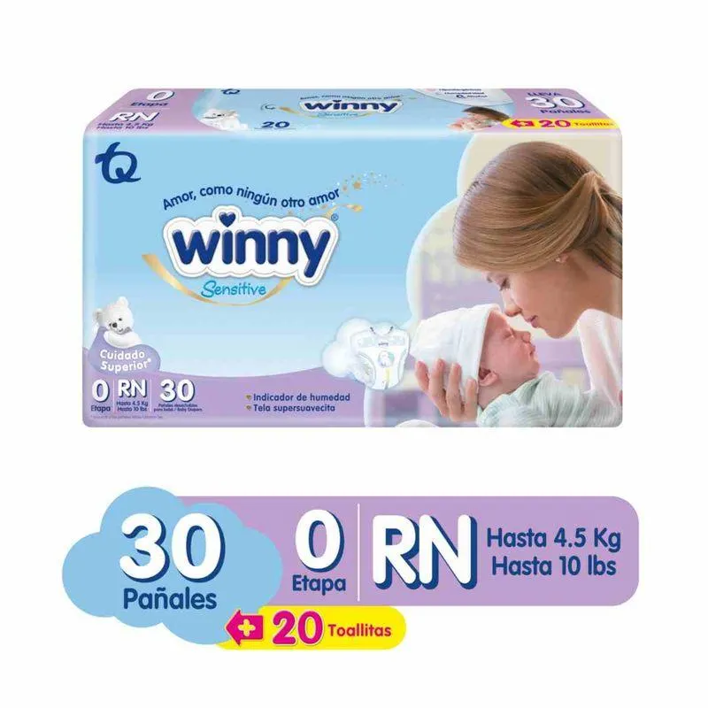 Panal Winny Sensitive Talla 0 Pqte X 30 Und Gratis Toallas Humedas