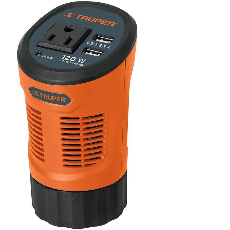 Inversor De Corriente Tipo Vaso De 120 W Con 1 Toma Y 2 Usb Truper