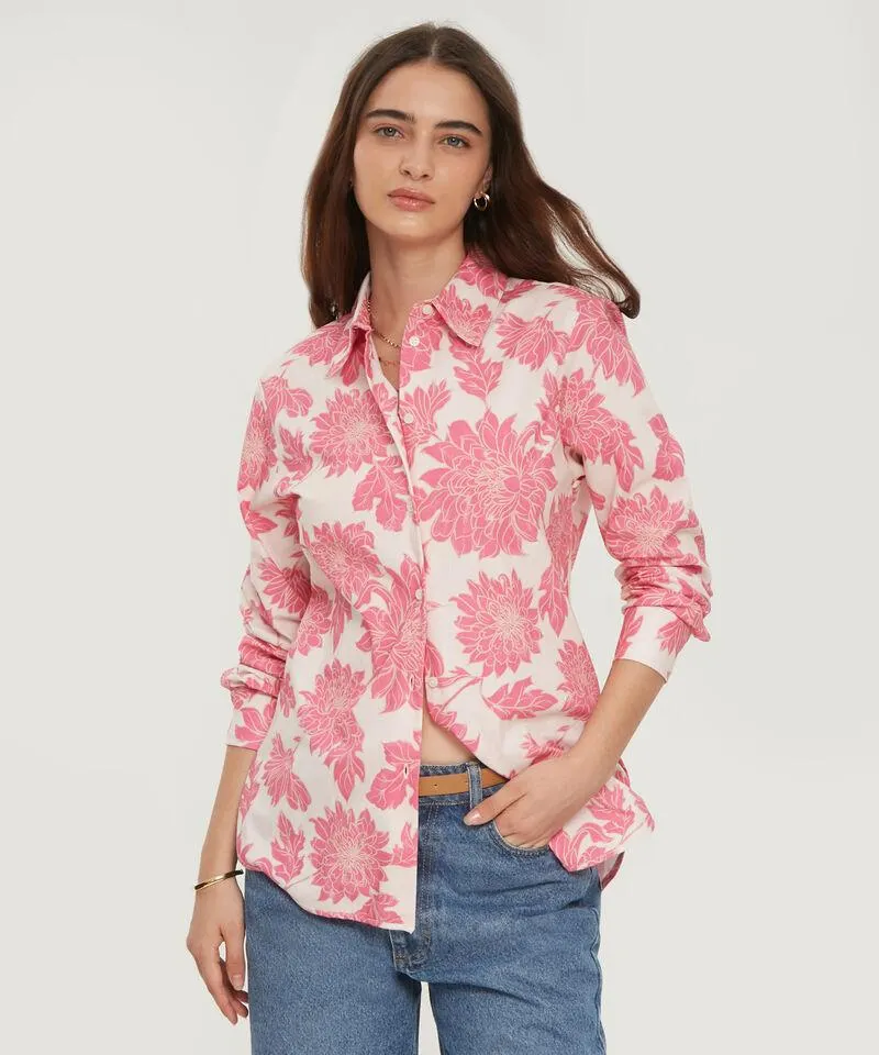 Camisa Estampada En Popelina Manga Larga