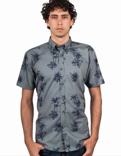 Camisa Manga Corta Estampado Palmas Azúl Petróleo – Moldería informal