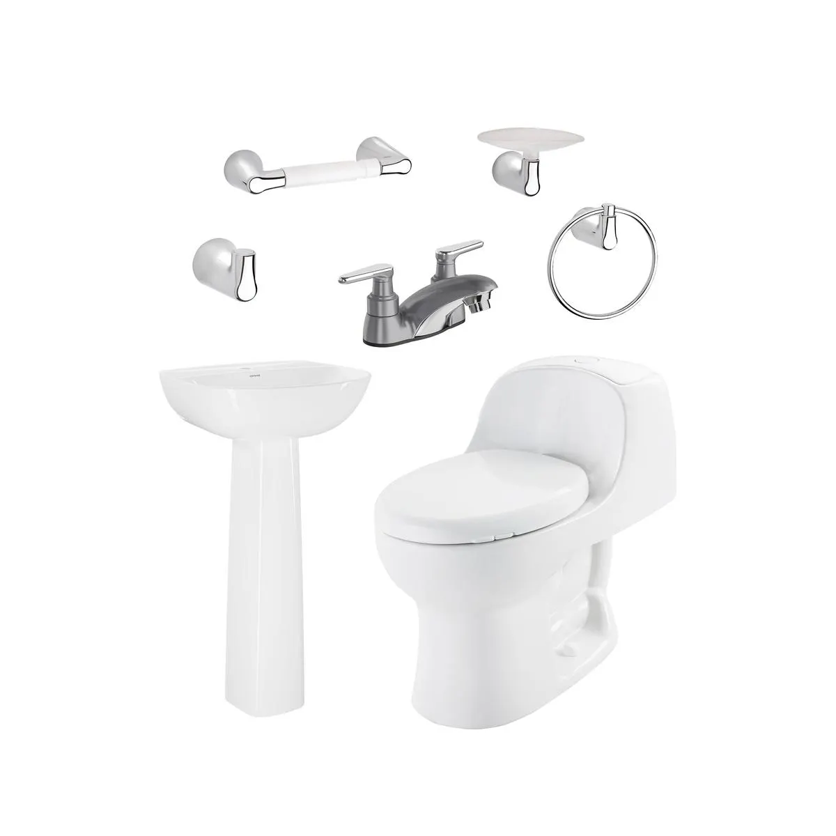 Combo Montecarlo Advance II: Sanitario con taza redonda, lavamanos con pedestal, grifería gris y accesorios x4.