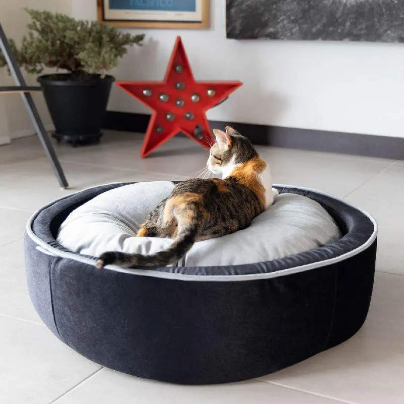 CAMA PARA MASCOTAS MEDIANA REDONDA NEGRO Y GRIS