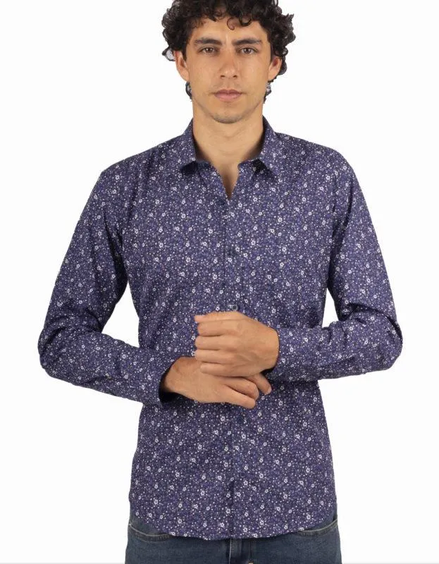 Camisa Manga Larga Azul Oscura Print Flores Blancas – Moldería informal